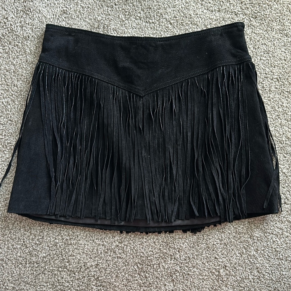 Black suede leather fringe mini skirt